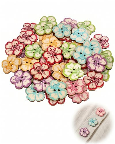 QEQSHQO Botones de Madera Decorativos 50 Unidades 25mm Flores Multicolor. Ideal para Manualidades, Costura y Proyectos DIY Creativos.