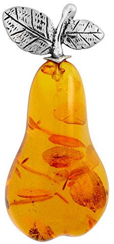 Sterling Silver Baltic Amber Pear Brooch Pin for Women Antiqued Finish Approx. 2 1/16 inch Wide