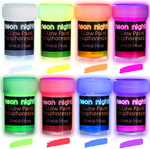 neon nights Peinture Phosphorescente Extérieure et Intérieure - Peinture Fluorescente dans le Noir, Lot de 8 Couleurs Vives (20 ml)