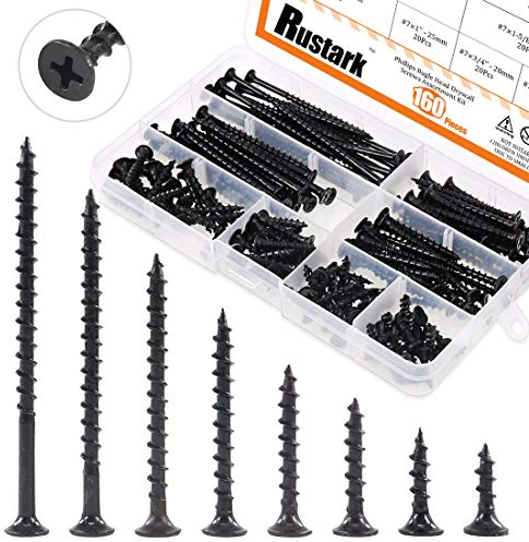 Rustark 160Pcs M4 Coarse Thread Drywall Screw with Phillips Drive Black Oxide Finsh Bugle Head Wood Screws Assortment Kit Ideal for Drywall Sheetrock