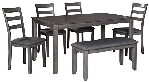 Signature Design by Ashley Bridson Dining Table Set For 6 With Bench, Wood 6‑Piece Kitchen Table And Chairs With Upholstered Seats, Transitional Charcoal Gray Dining Room Collection For Family Meals