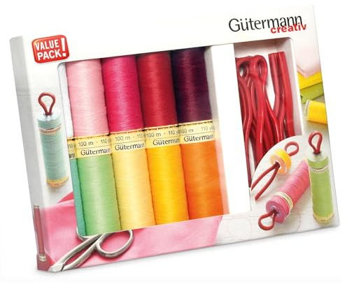 Gütermann creativ Kit de fil à coudre avec 10 bobines de fil Pour Tout Coudre 100 m dans différents coloris + 10 clips pour bobines pratiques