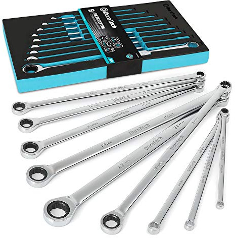 DURATECH Extra Long Ratcheting Wrench Set, Double Box End Wrench Set, Metric, 9-Piece, 8,10,12,13,14,16,17,19,22 mm, CR-V Steel, with EVA Foam Tool Organizer