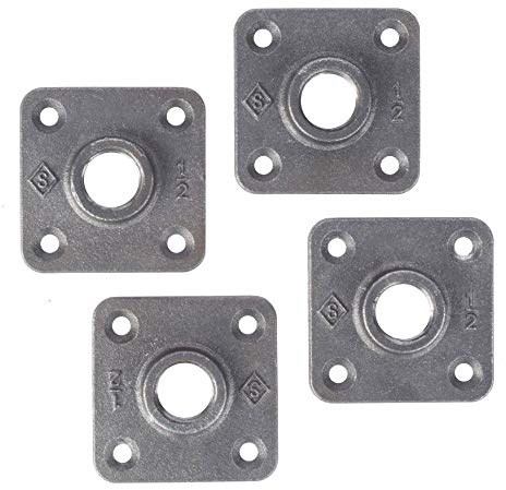1/2 Square Mini Flange Fitting, PIPE DECOR Black Malleable Iron Fittings Fit Standard 1/2 Inch Pipes, Nipples and Fittings, Build Vintage DIY Furniture, 4 Pack