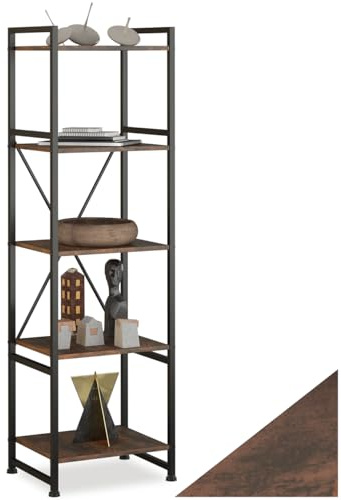 tectake® Estantería Manchester, 5 Niveles, Diseño Industrial, Estanteria Cocina, Sistema Antivuelco, Estantería de Pie, Estanteria Libros, Librería Estantería - Madera Industrial Oscura, Rústica