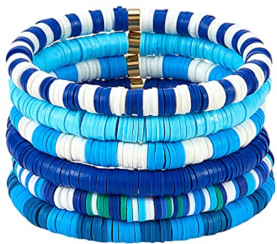 Ornaland 6PCS Heishi Surfer Bracelets Set 6mm Polymer Clay Heishi Beads Stretch Bracelets Bohemia Summer Beach Jewelry for Women (Blue)