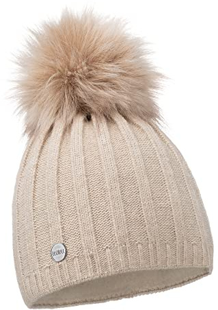 ELIMELI® Kaschmir Mütze Damen Winter warme Strickmütze Wollmütze mit Kaschmir Wintermütze mit Kunstfell Bommel Slouch Strick Beanie Damen für Winter Bommelmütze Hergestellt in EU (beige)