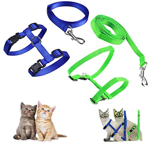 Morices 2 Pack Cat Harness and Leash, Adjustable Comfortable Nylon Pet Strap Collar with Leash, Escape Proof Safety Rope Leads Chest Strap for Kitten Puppy Rabbits Walking Training (Blue & Green)
