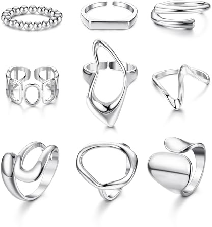 LOLIAS 9pcs Bague Femme Argent Bagues Ensembles Reglable Femme Parure Bijoux Femme Pour Pouce Bague Argent Femme Empilables Dôme Torsadé à La Mode, Adapté Aux Articulations Et Aux Pouces