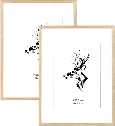 Yaetm 16x20 Picture Frame Matted to 11x14 Set of 2, Natural Solid Oak Wood Frame 16x20 for Photos, Posters & Art Prints, Horizontal and Vertical Wall Mount (2 pack, Oak)