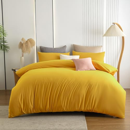 Soifox Bettwäsche 220x240 Gelb - aus Mikrofaser bügelfrei & knitterfrei Bettbezug 220 x 240 Set mit 80x80 cm Kissenbezug 2er Set Bettwasche mit Reißverschluss