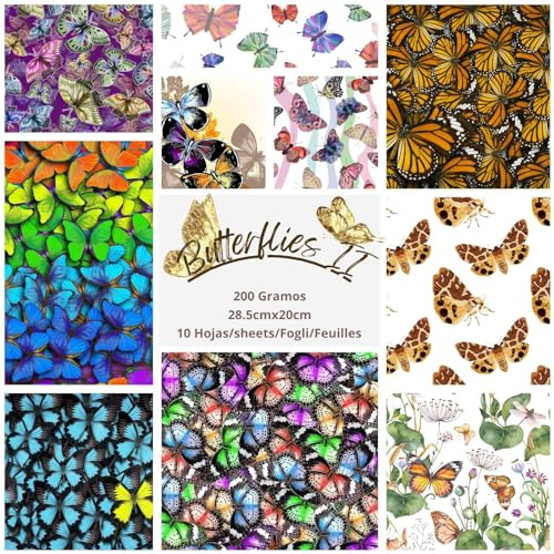 ASENME Pack Scrapbook tamaño A4, 10 láminas- Decoupage (Mariposas 2, 10 Unidades)