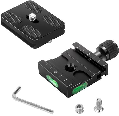 50mm Placa de Liberación Rápida, Abrazadera Adaptador Compatible con Arca Swiss, Cámara DSLR Rótula de Trípode Monopié, con 1/4 3/8 y Nivel de Burbuja