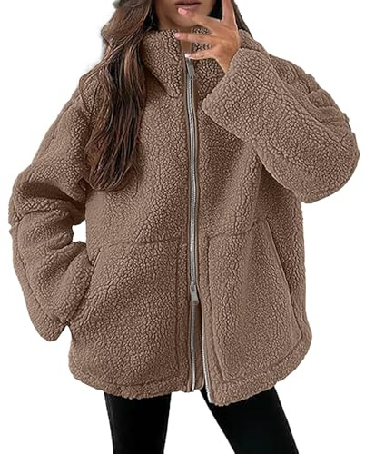 Vhersily 2025 Regal Women's Fleece Winter Warm with Zipper Short Bedroom Jacket without Hood Jackets Solid Color Plush Coat Comfortable Sherpa Fleece Jacket, Brown C, L