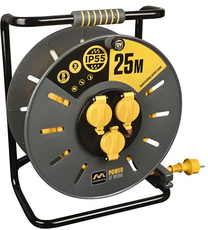 Masterplug Pro-XT Enrollacable 25m, Alargador Enchufe IP55, Extensión Eléctrica 3 Tomas Schuko, Alargo Enchufe Profesional 3x2,5mm2