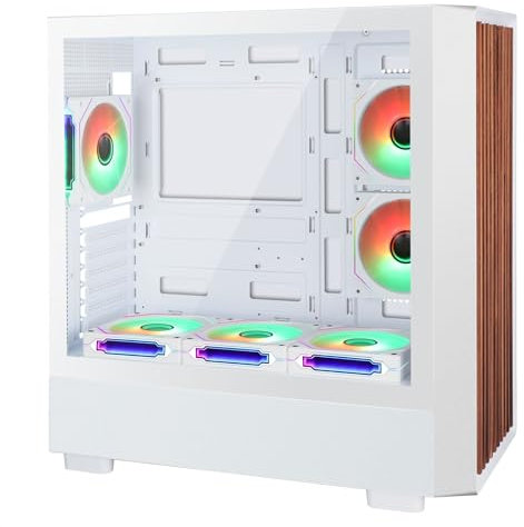 D2-W-F High Airflow Tempered Glass Side Panel Mid-Tower ATX PC Case - Walnut Wood Front with 6 ARGB PWM Fans Dual Chamber Gaming Chassis 360MM RAD Support for ATX/mATX/ITX Motherboards White