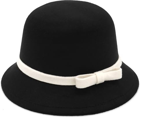 BAOKELAN Women Felt Cloche Hats Vintage Bowler Bucket Hat Black White Bow