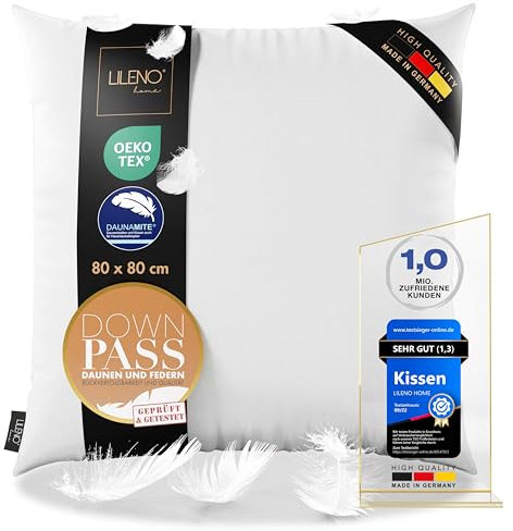 LILENO HOME 3-Kammer Daunenkissen 80x80 - Allergiker geeignet - Baumwoll Kissen 80x80 mit Federn & Daunen Füllung - langlebig & atmungsaktives Kopfkissen Daunen u. Federfüllung