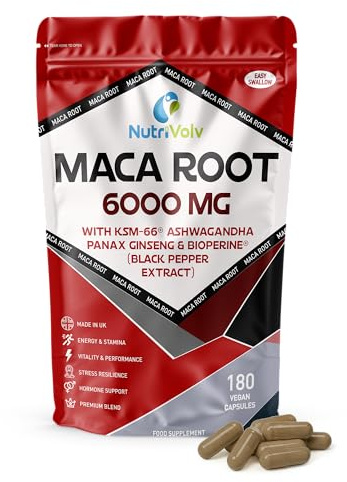 Maca Root 6000mg Complex | 180 Vegan Capsules (90 Day Supply) | with KSM-66® Ashwagandha, Panax Ginseng & BioPerine® | Energy, Stamina, Vitality, Performance, Hormone & Stress Support | by NutriVolv