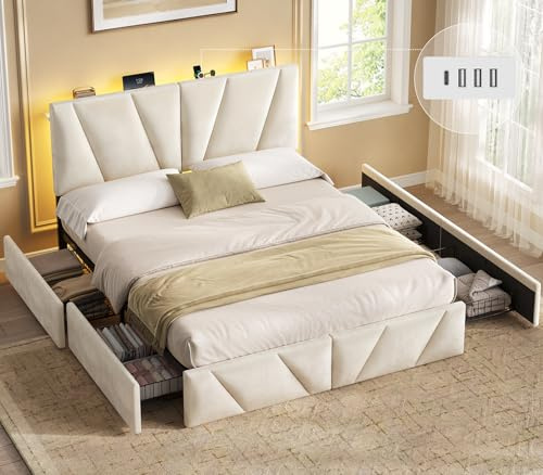 Lit 140x190 avec Sommier et 4 Tiroirs, Lits LED 140x190 avec Multiprise, Tête de lit Réglable en 3 Hauteurs avec Étagère Ouverte, Lit Double 140 x 190 Capitonné en Velours Beige Moderne