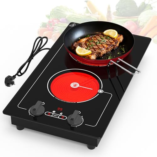 VBGK electric hob,Built-in Design and Countertop Stove Top with Knob Control&Touch Control,9 Power Level, Timer & Kid Safety Lock,220V 2100W 2 burner electric hob
