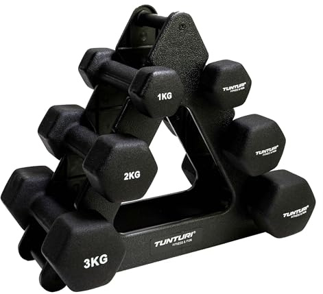 Tunturi 6er Set Kurzhanteln mit Rack, Hantelset mit je 2 x 1 kg, 2 kg, 3 kg, Kurzhantelset, Hanteln aus Gusseisen