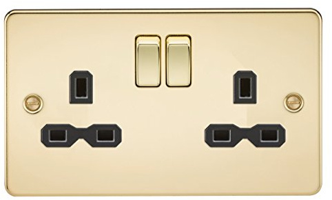 Flat Plate Double Socket in Polished Brass with Black Insert
