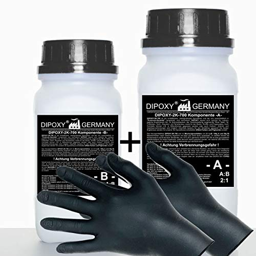 1,5kg Epoxidharz 2K Harz + Härter + Handschuhe EP Laminierharz in Profi Qualität Glasklar und geruchsarm Gießharz Epoxy UV Stab. für Holz Tisch Boden Aquarium Terra Formenbau GFK DIPOXY-2K-700