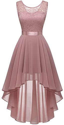 Berylove Damen Kleid Vokuhila Elegant Spitzenkleid Cocktailkleid Hochzeitskleid Ärmellos Abendparty Chiffon Abendkleid A Linie Brautjungfernkleid BLP7035 Blush 2XL