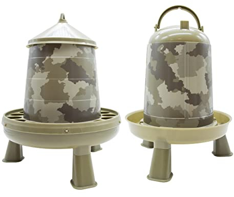 FINCA CASAREJO Pack Comedero y Bebedero con Patas para Gallinas y Otras Aves – Capacidad 2Kg / 3L – Tolva y Bebedero Sifónico en Colores Tipo Camuflaje - Alimento Siempre Limpio