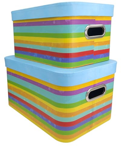 Idena 50067 - Scatola regalo con coperchio e manici in metallo, 2 pezzi di dimensioni diverse, scatole regalo a righe colorate