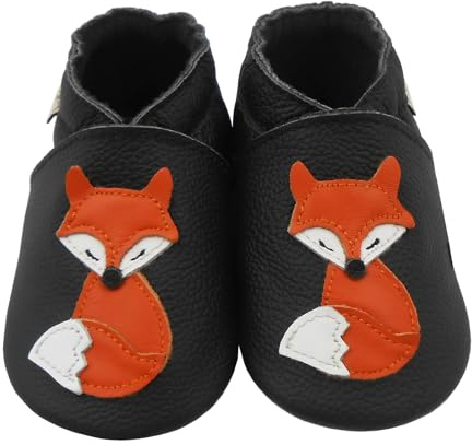 mepiq Baby Crawling Shoes — Soft Leather Slippers & Walking Shoes for Boys and Girls, Non-Slip Infant House Shoes,Fox-Black,12-18 Months