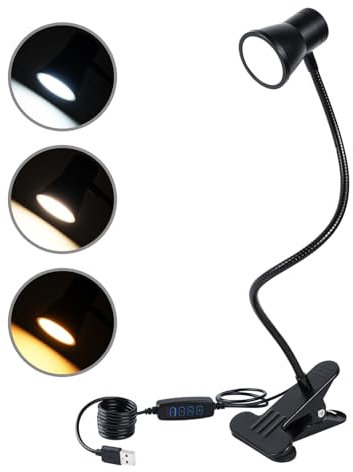 CeSunlight LED Klemmleuchte als Leselampe, Schreibtischlampe, Schminklicht, 3 Farbtemperaturen, 10 Helligkeiten, Klemmlampe USB, LED Lampe dimmbar, Tageslicht, 1.5 m USB-Kabel (8W)