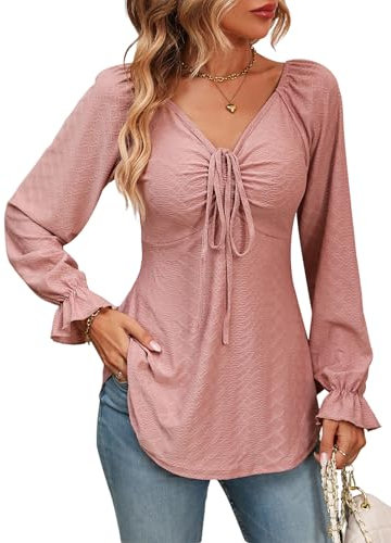 Atxnn Damen Blusen V Ausschnitt Oberteile mit Krawattenschleife Geraffte Langarmshirt Sexy Niedlich Tunika Tops Lässige Shirt Hemd Streetwear, ROSTROT L