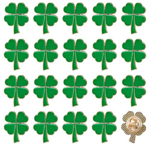 WANDIC 20 PCS Broche Décoration St Patrick's Day, Broche Trèfle à Quatre Feuilles en Émail, Broche en Métal pour Vêtements de Fête Broches de Revers, pour Décoration DIY Accessoires Vestimentaires