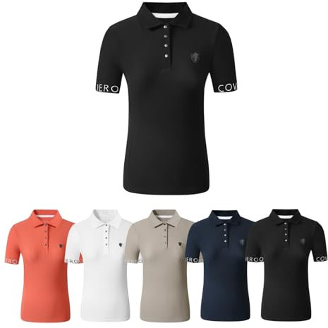 Covalliero - Damen Poloshirt – Sportliches Polo-Shirt mit Kragen – Kurzarm Sportshirt – atmungsaktives & leichtes Reitshirt – Reitbekleidung in Schwarz – Größe XL