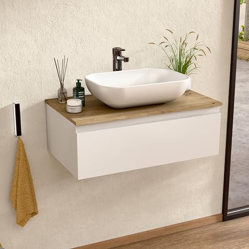 BELLOBATH - Mueble Baño Suspendido con Lavabo de Cerámica, Mueble Baño con Lavabo Montado con 1 Cajón, 80 x 27 x 46 cm, Mueble Blanco y Tapa Roble