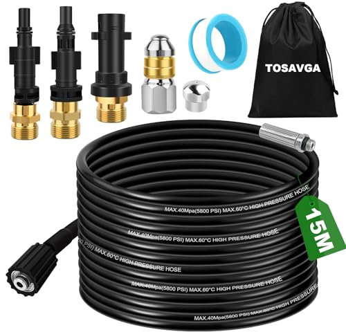 TOSAVGA 15m Manguera para Karcher Desatascador Tuberias A Presion para Karcher K2 K3 K4 K5 K6 K7, Hidrolimpiadora Manguera de Repuesto, Manguera de Alta Presión para Lavor, para Bosch, para Parkside