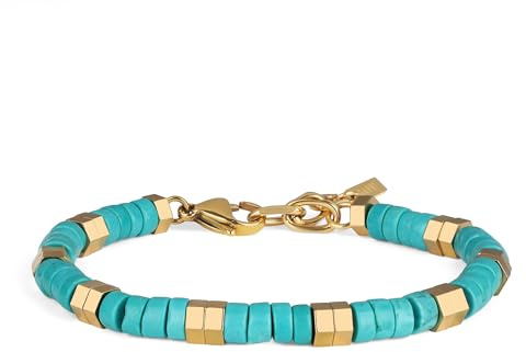 GAVU Bracciale da Uomo Turchese Sintetico e Acciaio Inox, Bracciale Perline Uomo Regolabile