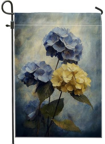Drapeau de jardin d'hortensia bleu et jaune, bannière florale pour décoration d'intérieur, bannière extérieure, drapeau de cour en toile de jute double face, décoration de pelouse pour toutes les