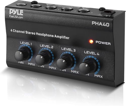 Pyle 4-Channel Portable Stereo Headphone Amplifier - Professional Multi Channel Mini Earphone Splitter Amp w/ 4 6.35 mm Balanced TRS Headphones Output Jack and 6.35 mm TRS Audio Input For Sound Mixer