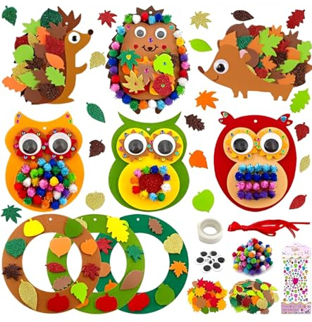TAKONE Kit de bricolage d'automne pour enfants, en feutre et caoutchouc mousse, avec hiboux, hérissons et couronnes - Bricolage créatif et décoration pour fête d'automne, Halloween, Thanksgiving et