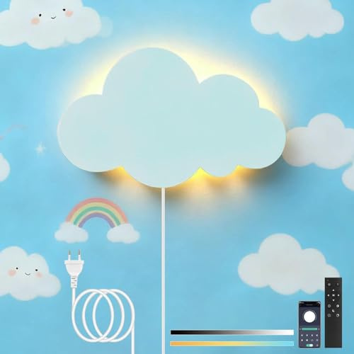 KZT Lámpara de Pared LED Dimmable con Mando a Distancia Lámpara de Mesa con Enchufe, Habitación Infantil, 3000K-6000K, Luz Nocturna Nube Acojedora para Dormitorio de Bebé Niña o Niño, Blanco