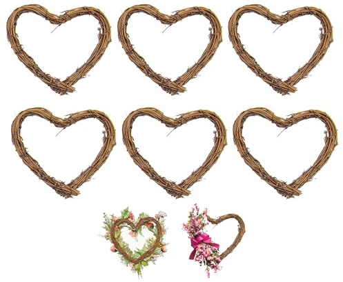 TUKEVA 6 PCS Guirnaldas de Mimbre Retro Corazón DIY Corona de Mimbre Corona de Mimbre de corazón Coronas Decorativas de Mimbre Retro para Boda Fiesta de Cumpleaños Colgante (Marrón, 15cm-Corazón)