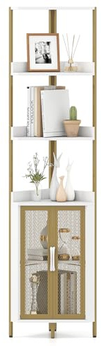 COSTWAY 6-Tier Industrial Corner Shelf, Tall Storage Bookshelf with Door Cabinet, Freestanding Bookcase Display Shelving Unit for Home Office (Gold + White, 32 x 32 x 170 cm)