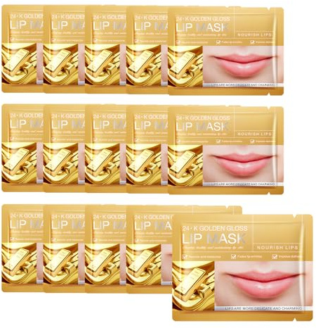 Hinapan 15 Pièces Masque à Lèvres 24K Or, Soin de Nuit Réparateur Intense, Masque Hydratant et Nourrissant avec Effet Peeling, Pour Lèvres Sèches, Gercées et Gercées