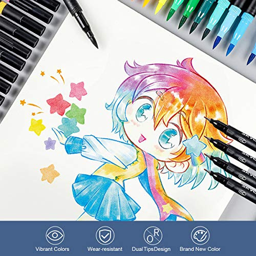 ZIXINNKC 24 colores Rotuladores de punta doble con delineador fino de 0,4 mm y punta de pincel de fibra Marcadores artísticos Tinta a base de agua Bolígrafos de color Suministros