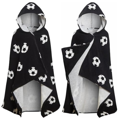 JynxtoyZeal Asciugamano con Cappuccio Ragazzi Poncho Grande Telo da Bagno Spiaggia Piscina Avvolgere Caldo Nuoto Cambiare Coprire Up Poncho Asciugamano con Cappuccio Calcio per Ragazzi, Nero