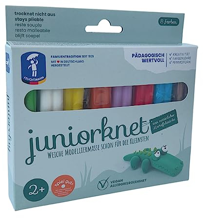 Feuchtmann JUNiORKNET Basic - Knetset 8 x 33g weiche Kinderknete in Stangen, vegane glutenfreie Spielknete, Nicht trocknende Knete, ungiftige Modelliermasse, Kinder ab 2 Jahren