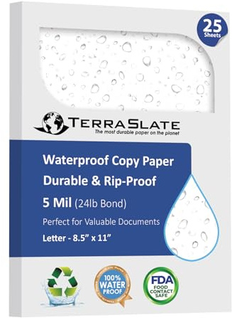 TerraSlate Premium Waterproof Paper, 5 Mil 8.5” x 11”, Laser Printer & Copy Machine Compatible, Durable & Rain/Weather-Proof Copy Paper, White (25 Sheets)